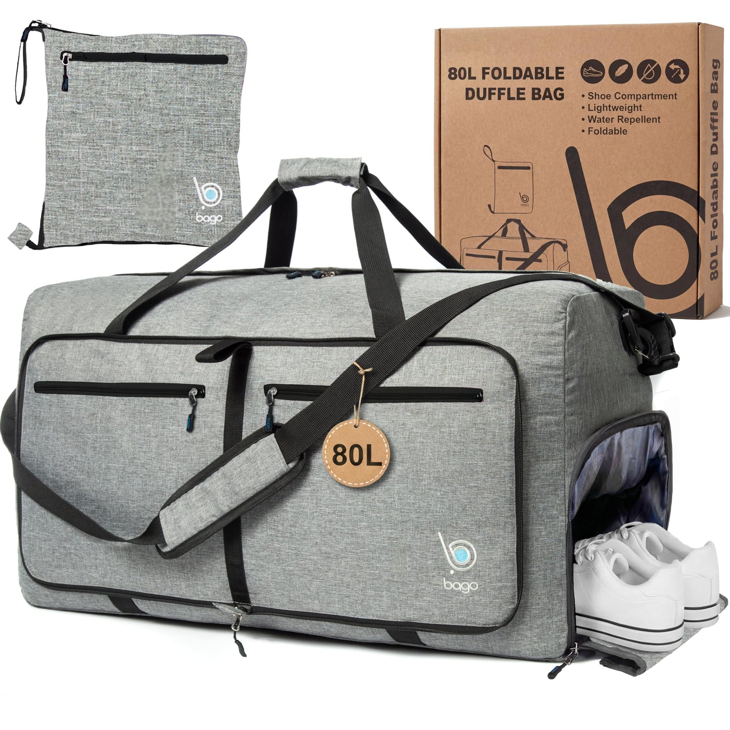 Bago Foldable Duffel Bags for Traveling Women & Men - 40L Sports Packable Duffle Bag for Travel with Shoe Compartment - Water Repellant, Heavy Duty, Lightweight Folding & Collapsible (SnowPink)