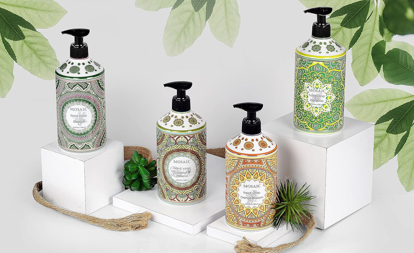 Mosaic Liquid Hand Soap / Wash Gift Set, Ideal Bathroom Kitchen Hand Soap Set , Olive Oil + Coconut & Hibiscus + Gardenia + Orange Blossom, 4 x 24.6 fl oz Each Liquid Soap Bottle